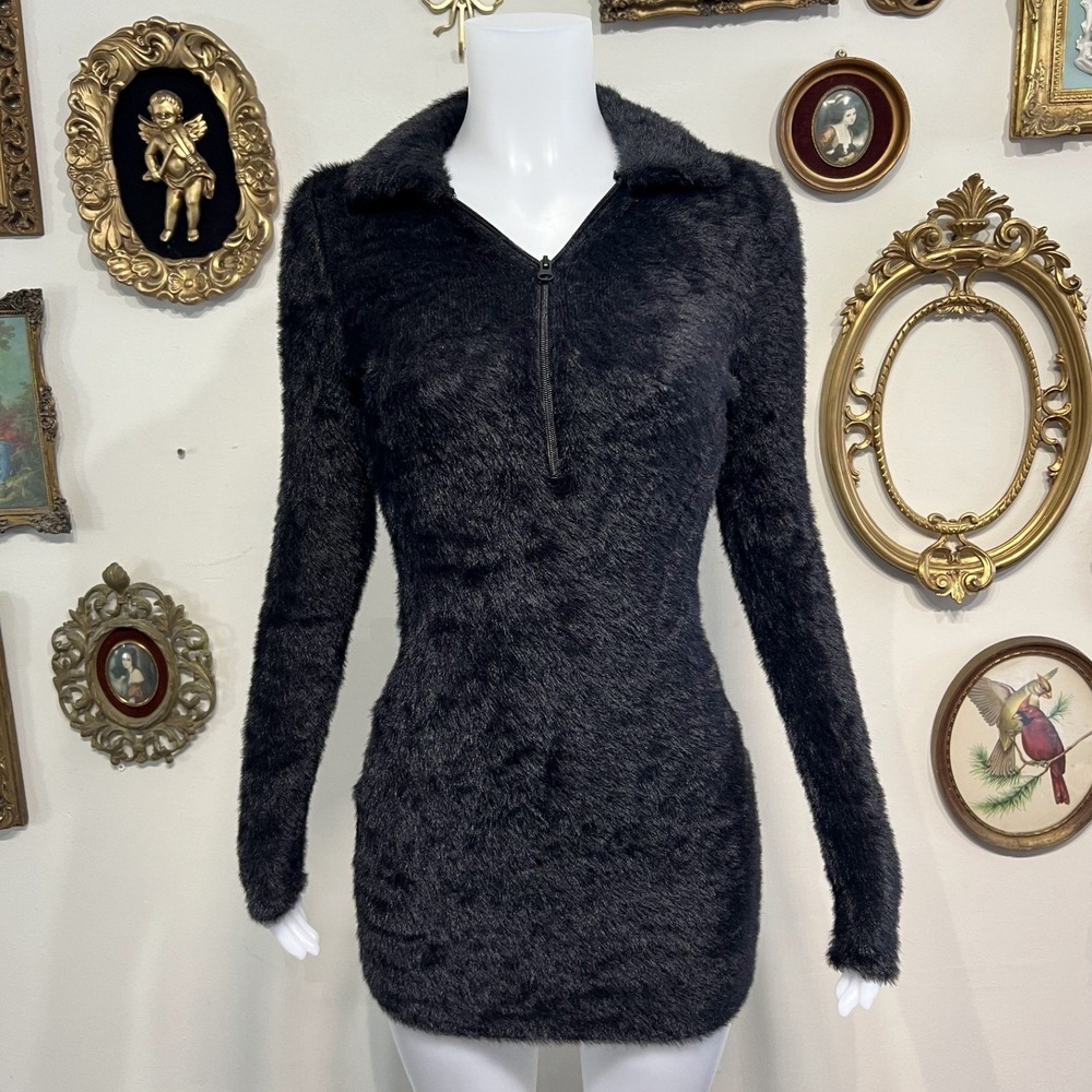 Pimkie Collection Black Fuzzy Eyelash Knit Quarter Zip Mini Dress Size S